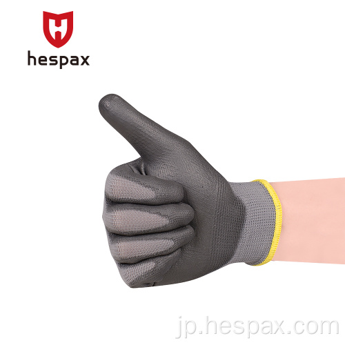Hespax 15GナイロングレーPUパーム保護手袋